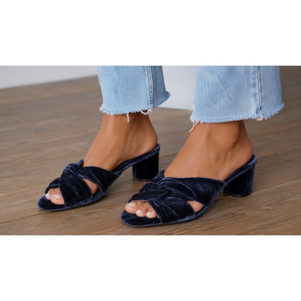 Mango MNG Navy Blue Velvet Knotted Open Toe Mule Heels Block Heel EU 40 US 9